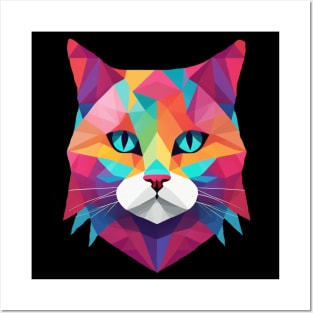 Geometrical Cat, vibrant with blue eyes Posters and Art